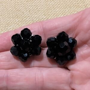 vintage black faceted glass beaded clip-on earrings
